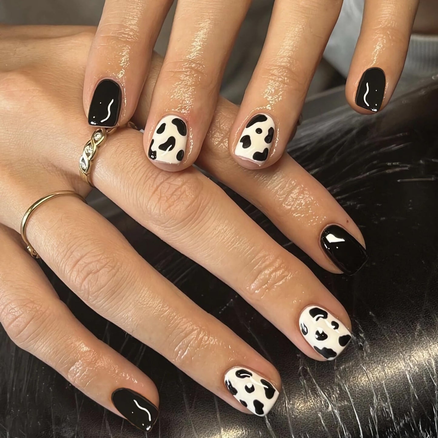 BABALAL Square Press-on Short Cow Print Nails - 24Pcs Cute Squoval Fake Glossy Black Acrylic Nails for Women and Girls Beauty & Personal Care BABALAL