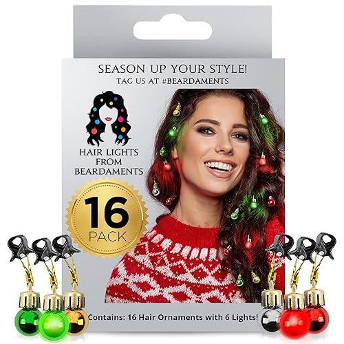 Beardaments Light Up Hair Lights - The Original Ornaments from, 16pc Colorful Christmas Hair Baubles for Holiday Cosplay Women Party Costume Beauty & Personal Care Beardaments