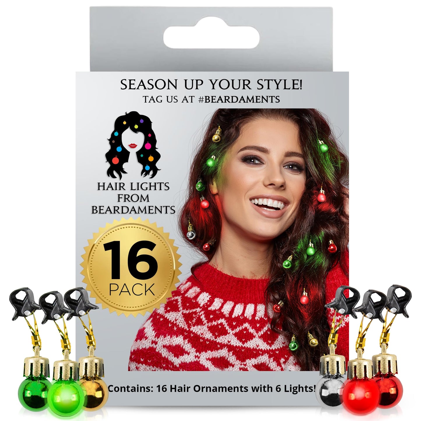 Beardaments Light Up Hair Lights - The Original Ornaments from, 16pc Colorful Christmas Hair Baubles for Holiday Cosplay Women Party Costume Beauty & Personal Care Beardaments