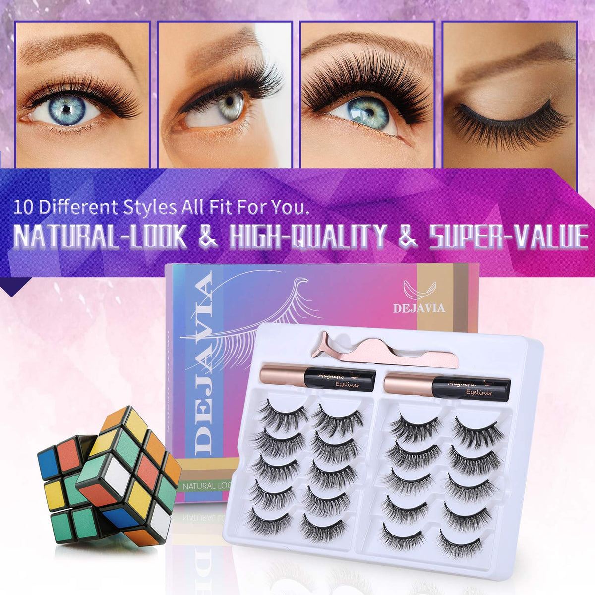 Magnetic Eyelashes with Eyeliner Kit- 10 Pairs Premium 3D Natural Look Reusable Eyelashes with Tweezers Applicator, Strong Magnetic Eyeliner Beauty & Personal Care DEJAVIA