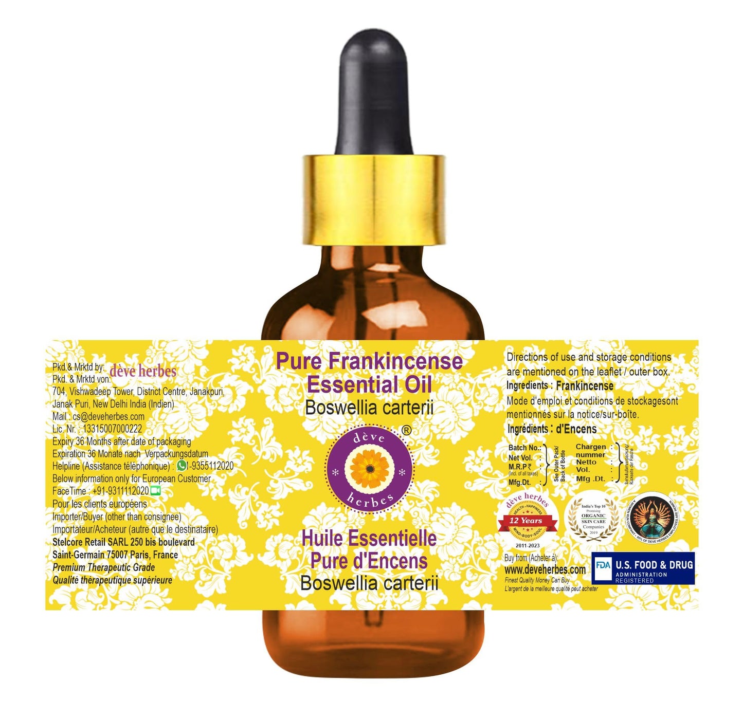 dève herbes Frankincense Essential Oil (Alpha Thujene 70%) Boswellia serrata Essential Oil (Boswellia serrata) with Glass Dropper - Pure - Lightweight Beauty and Personal Care dève herbes