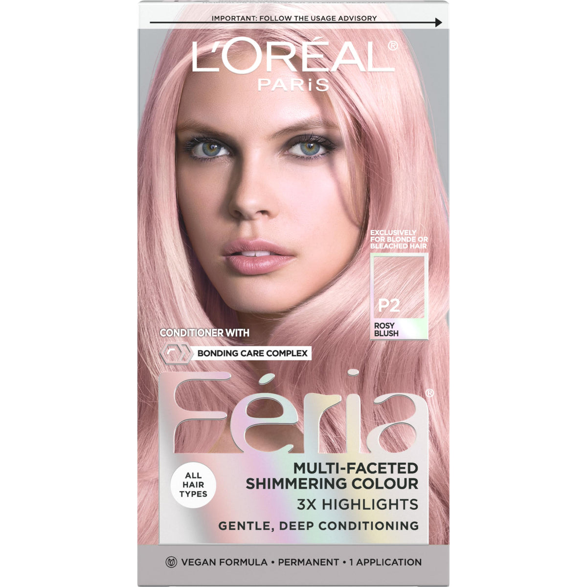 L'Oreal Paris Feria Multi-Faceted Shimmering Permanent Hair Color, P2 Rosy Blush (Smokey Pink), Pack of 1 Hair Dye Kit