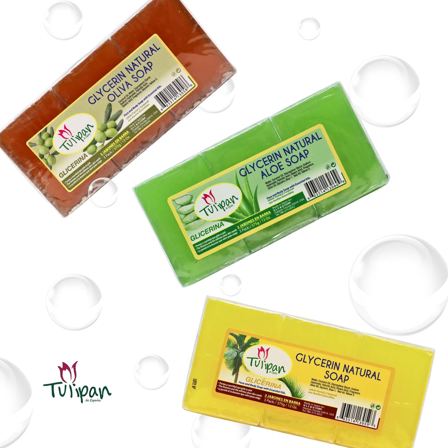 Tulipan de España Glycerin and Olive Soap (Pack of 3) Face & Body Soap with Essential Oils Beauty & Personal Care Tulipan de Espana