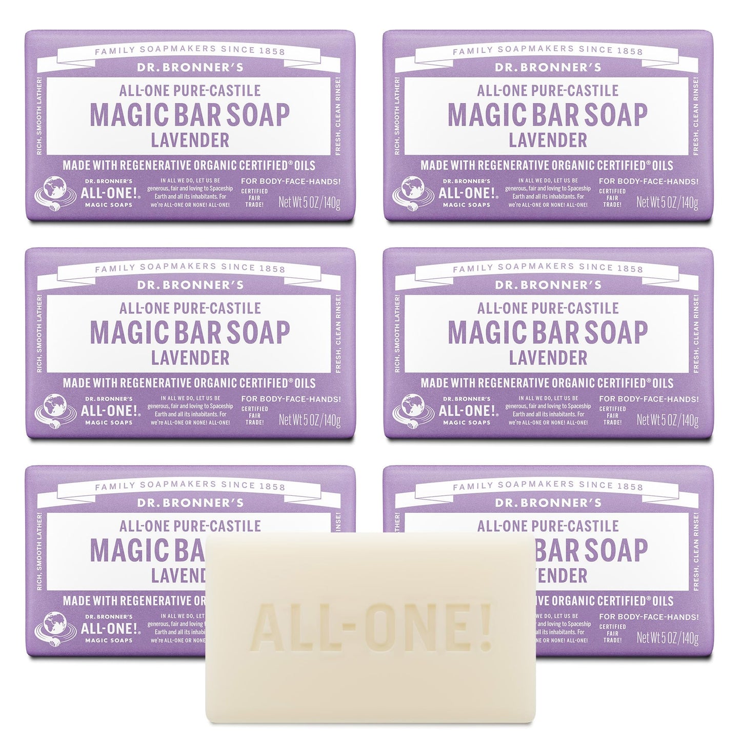 Dr. Bronner's Pure-Castile Magic Soap Bars (Lavender, 5 oz, 6-Pack)- Bath Soap with Regenerative Organic Certified Oils- For Face, Body & Hair Beauty & Personal Care Dr. Bronner's