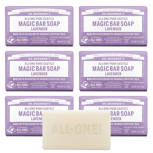 Dr. Bronner's Pure-Castile Magic Soap Bars (Lavender, 5 oz, 6-Pack)- Bath Soap with Regenerative Organic Certified Oils- For Face, Body & Hair Beauty & Personal Care Dr. Bronner's