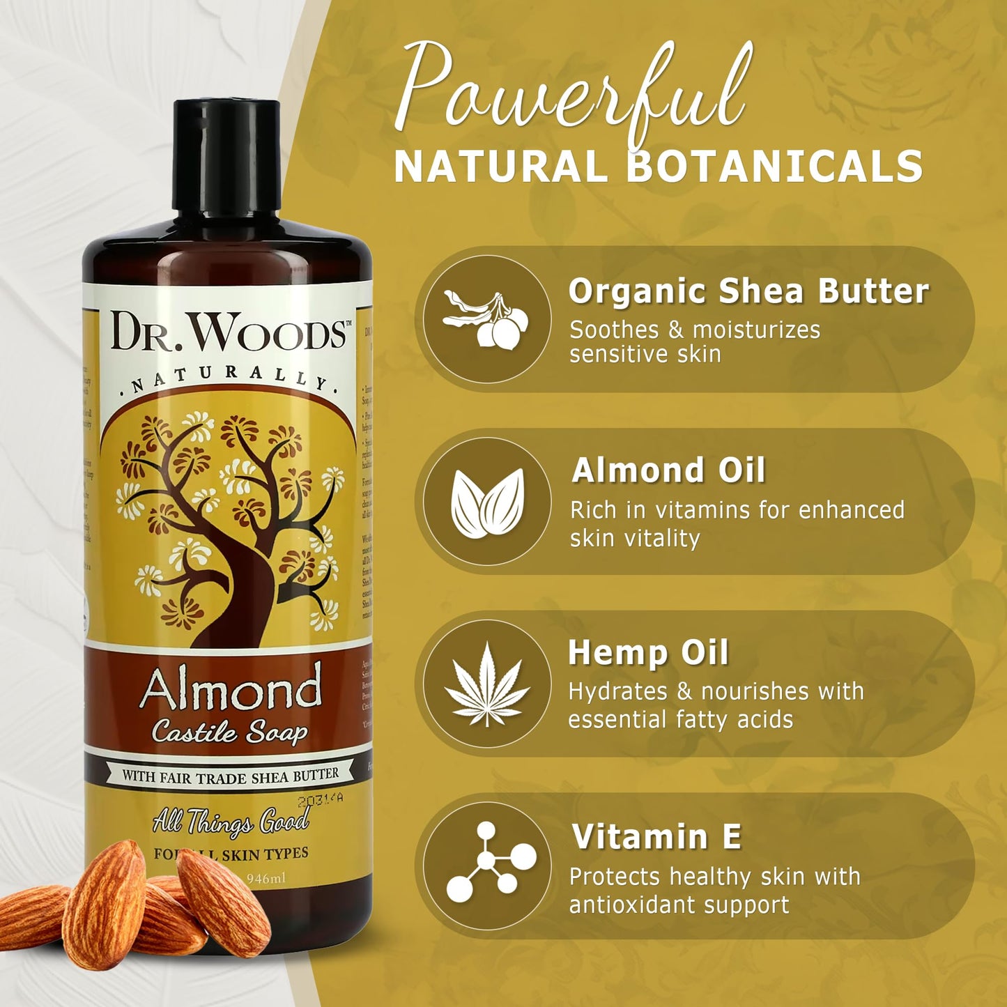 Dr. Woods Almond Liquid Castile Soap - Castile Soap with Pure Almond Oil, Body Wash for Men and Women, Organic Shea Butter, Natural Cleaner for Face Beauty & Personal Care Dr. Woods