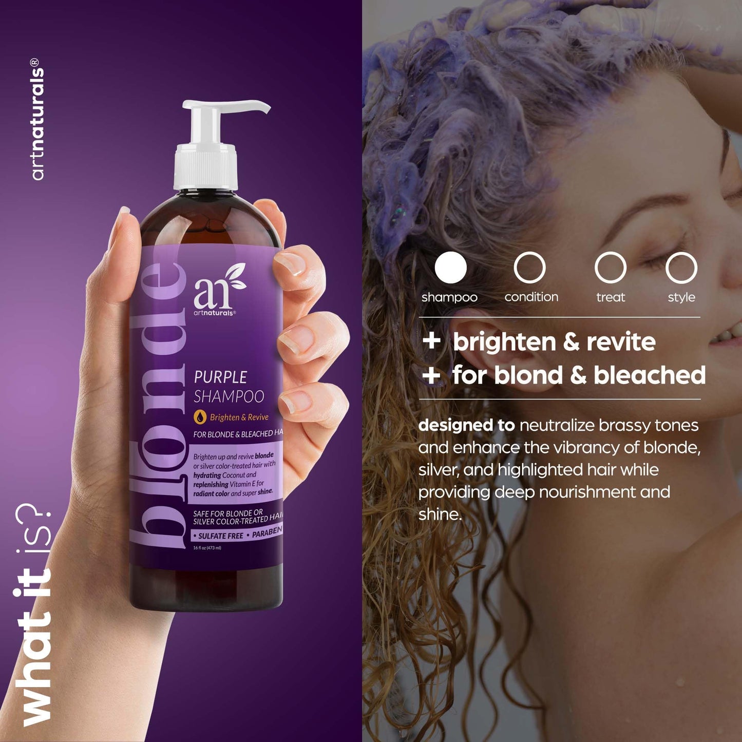 Artnaturals Purple Shampoo - (16 Fl Oz / 473ml) - Protects, Balances and Tones - Bleached, Color Treated, Silver, Brassy and Blonde Hair - Sulfate Beauty & Personal Care Artnaturals