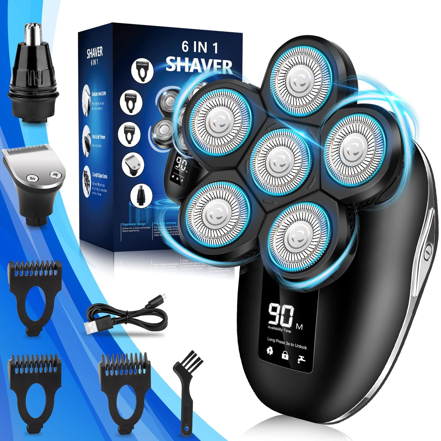 Head Shaver for Bald Men, 6-in-1 Electric Shaver for Bald Head 6D Wet/Dry Waterproof Mens Electric Razor Head Shavers with Grooming Kit Head Shaving Beauty and Personal Care Sakioo