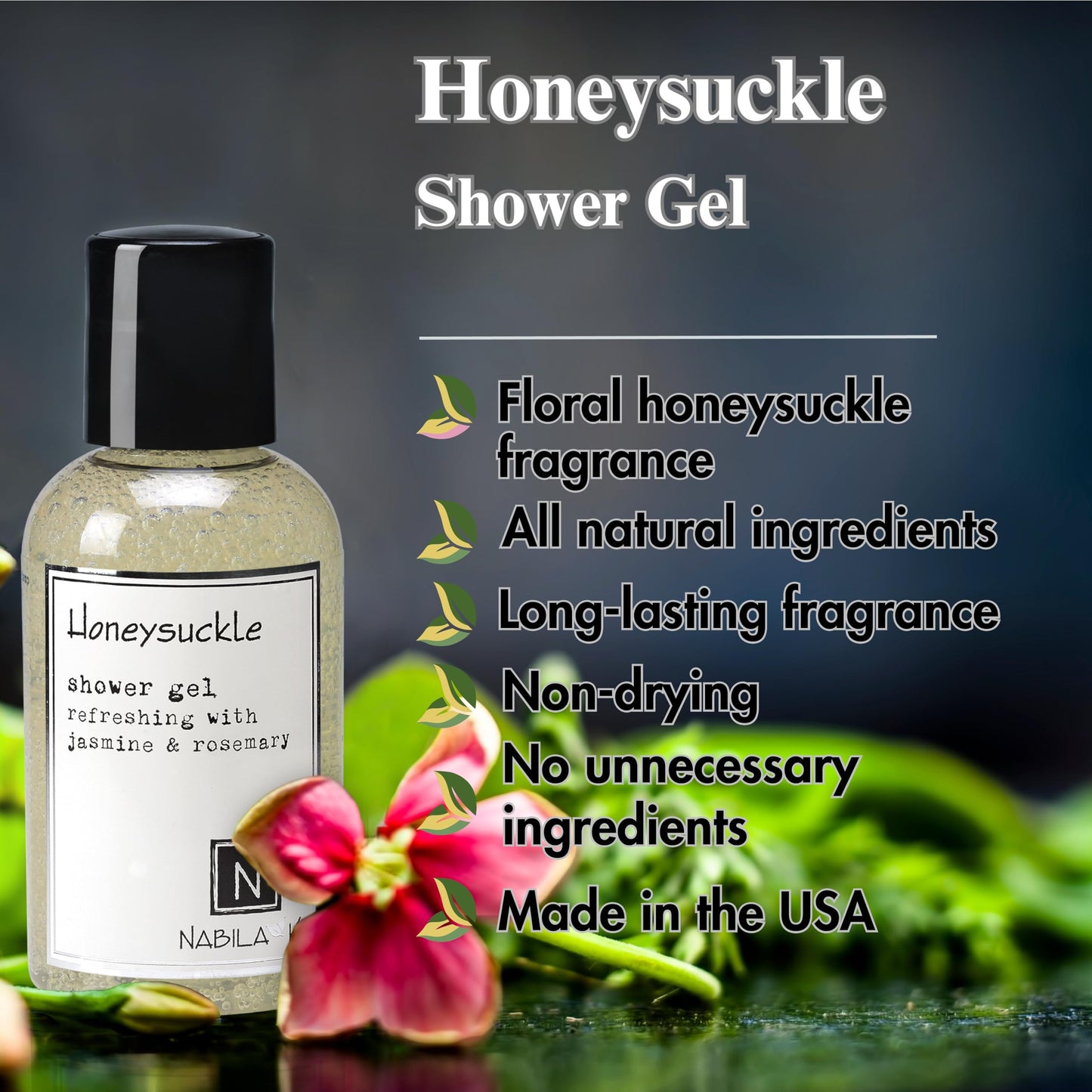 Nabila K Honeysuckle Shower Gel Refreshing Body Wash with Jasmine & Rosemary, 8 oz - Naturally Derived, Sulfate-Free, Paraben-Free - Made in the USA Beauty & Personal Care Nabila K
