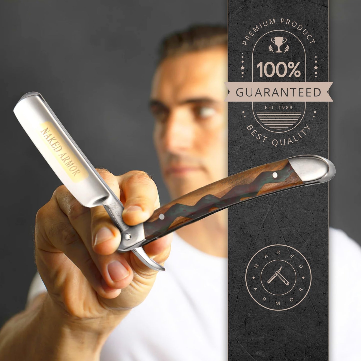 Naked Armor Meliant Straight Razor for Beginners - Shave Ready 7/8" Round Nose Japanese Stainless Steel Straight Edge Razor, Olive Wood Scale, Leather Beauty and Personal Care Naked Armor