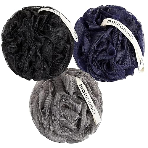 MainBasics Bath Shower Loofah Sponge Pouf Body Scrubber Exfoliator Body Wash Sponge (Set of 3, Black Ice) Beauty & Personal Care MainBasics