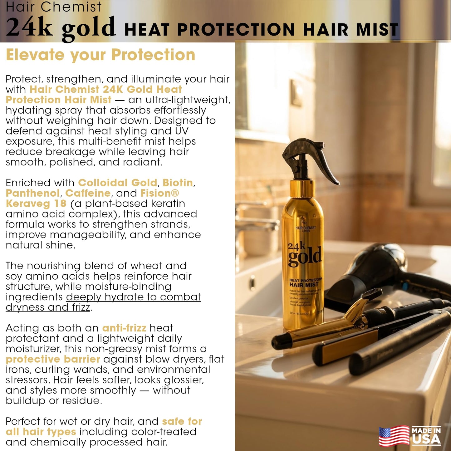 Hair Chemist 24k Gold Heat Protection Hair Mist 8 Ounce- UV & Thermal Heat Protectant Spray for Blow Drying & Flat Iron- Anti-Frizz and Shine Beauty & Personal Care Hair Chemist
