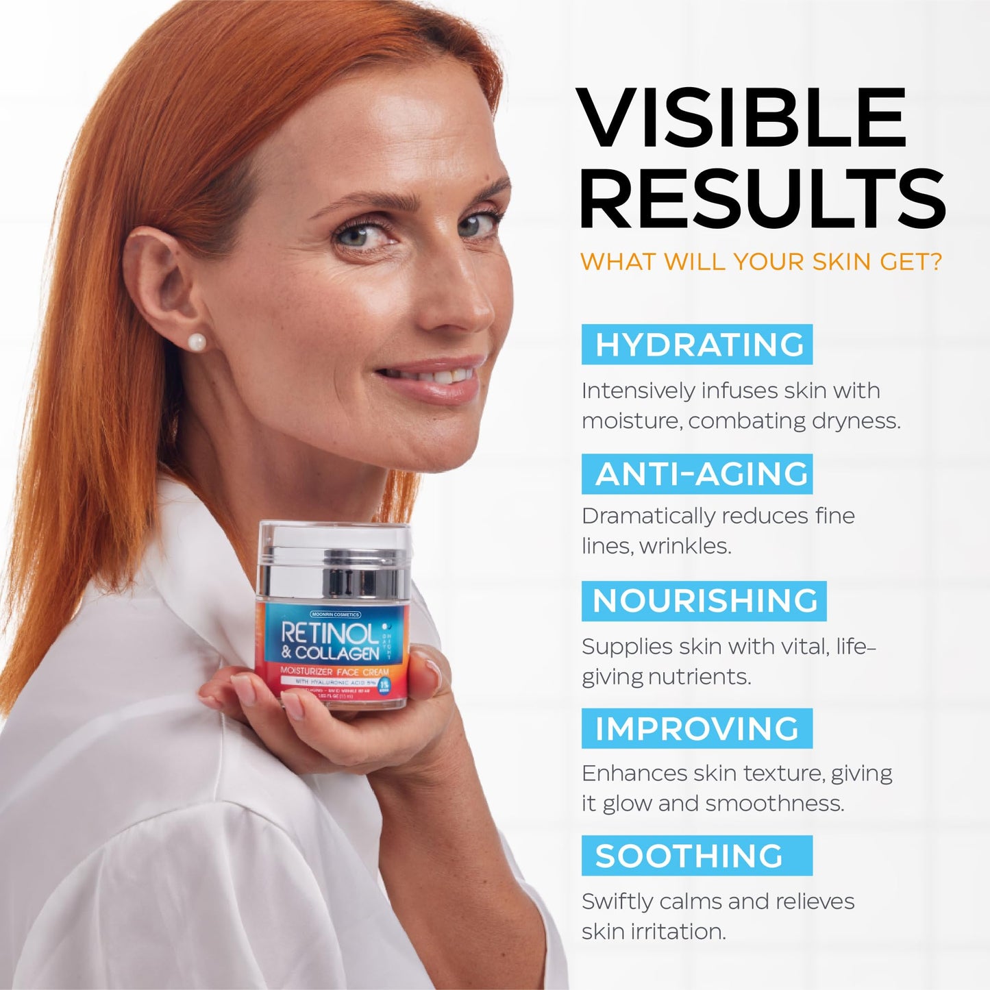 Retinol Cream for Face with Hyaluronic Acid, Day-Night Anti-Aging Moisturizer for Women, Men, Collagen Cream for Face Reduces Wrinkles, Dryness, 1.85 Beauty & Personal Care MOONRIN COSMETICS