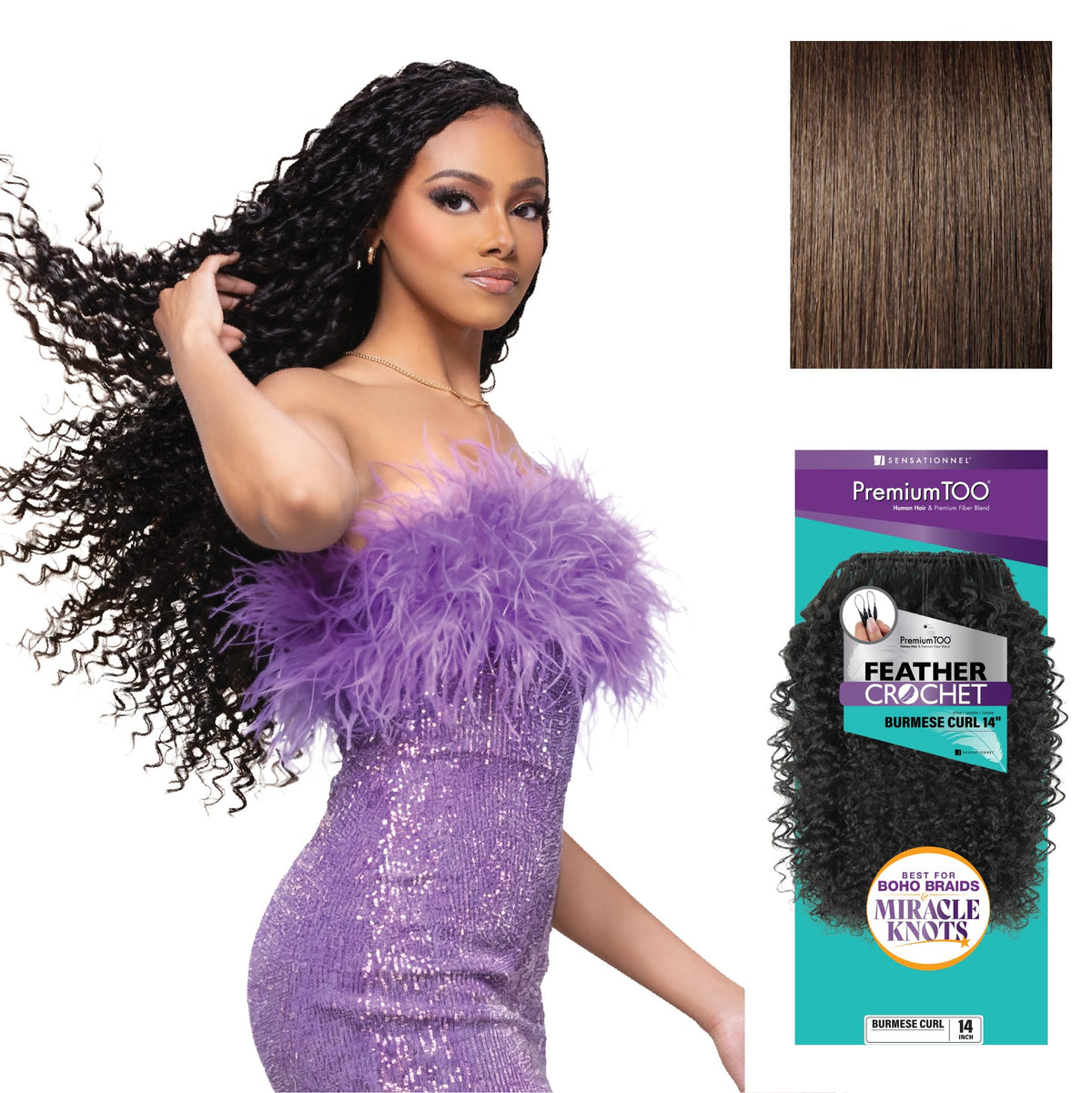 Sensationnel PremiumToo Feather Crochet Braid-Burmese Curl,14in, 4 MEDBROWN