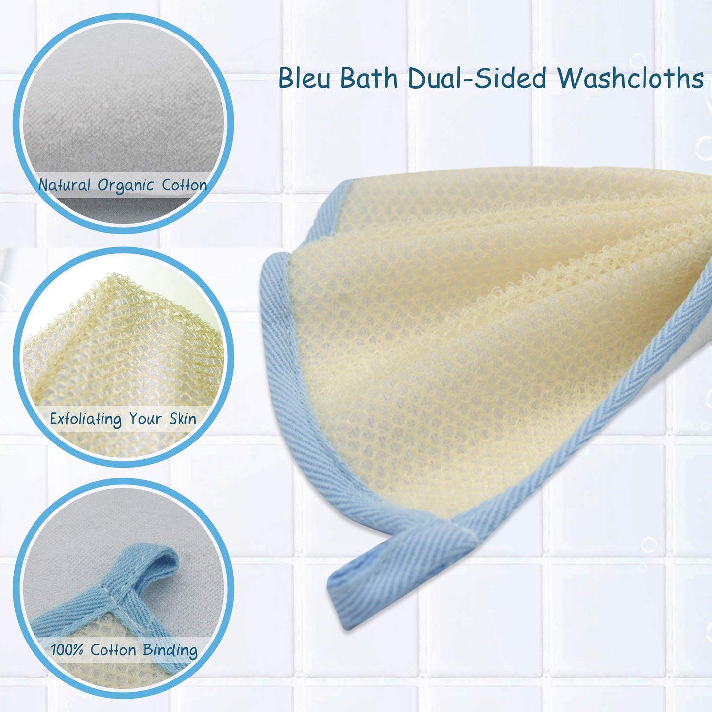 Bleu Bath (6 Pack) Dual-Sided Exfoliating Skin Towel Natural Terry Body Cloth Scrubber Premium Sturdy Loofah Towel Soft and Buffing Wash Cloth White Beauty & Personal Care Bleu Bath