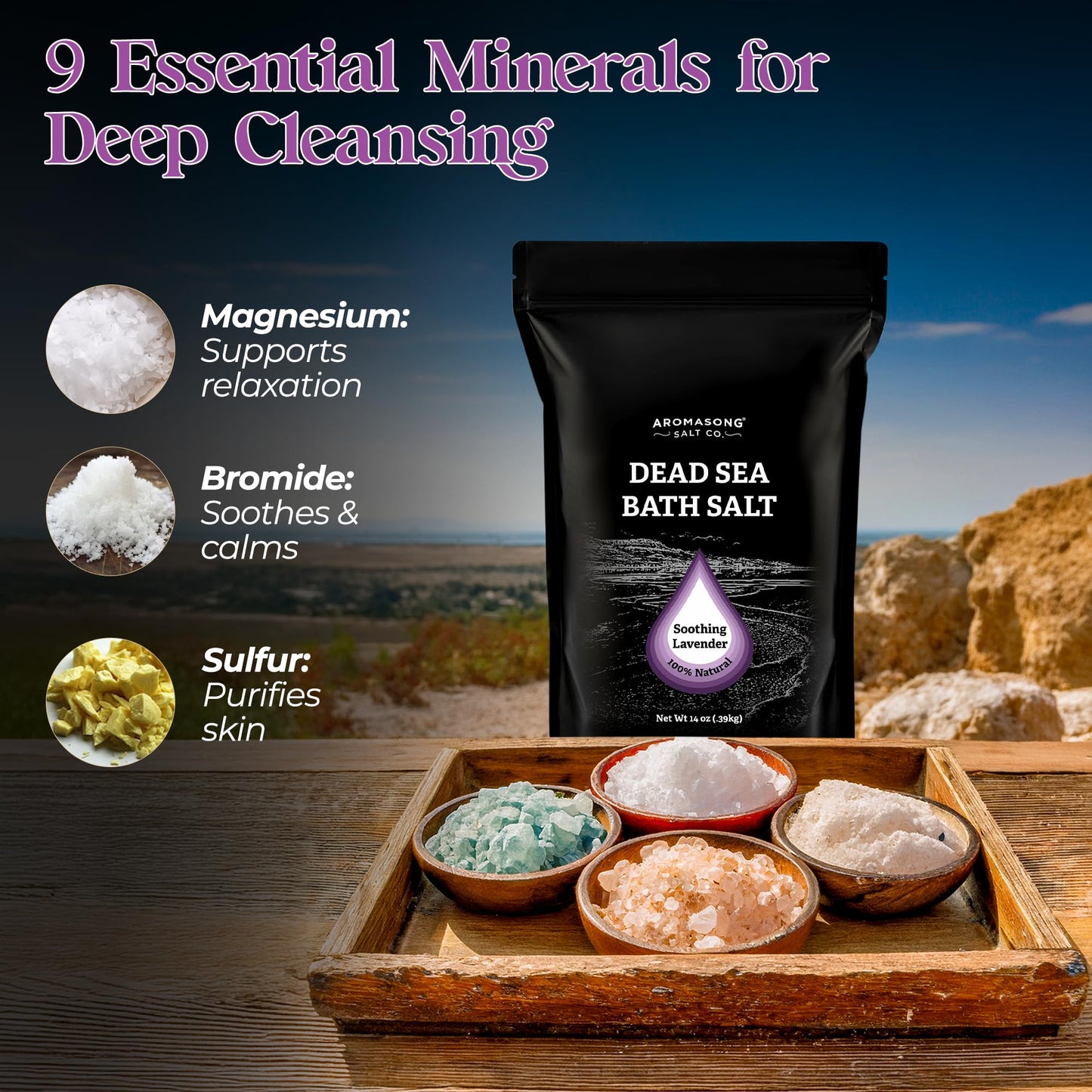 Aromasong Pure Dead Sea Salt for Soaking with 100% Natural Lavender, 14 Oz. - Spa Bath Salt Fine Grain - Body Wash Scrub - Soak for Women & Men Beauty and Personal Care Aromasong
