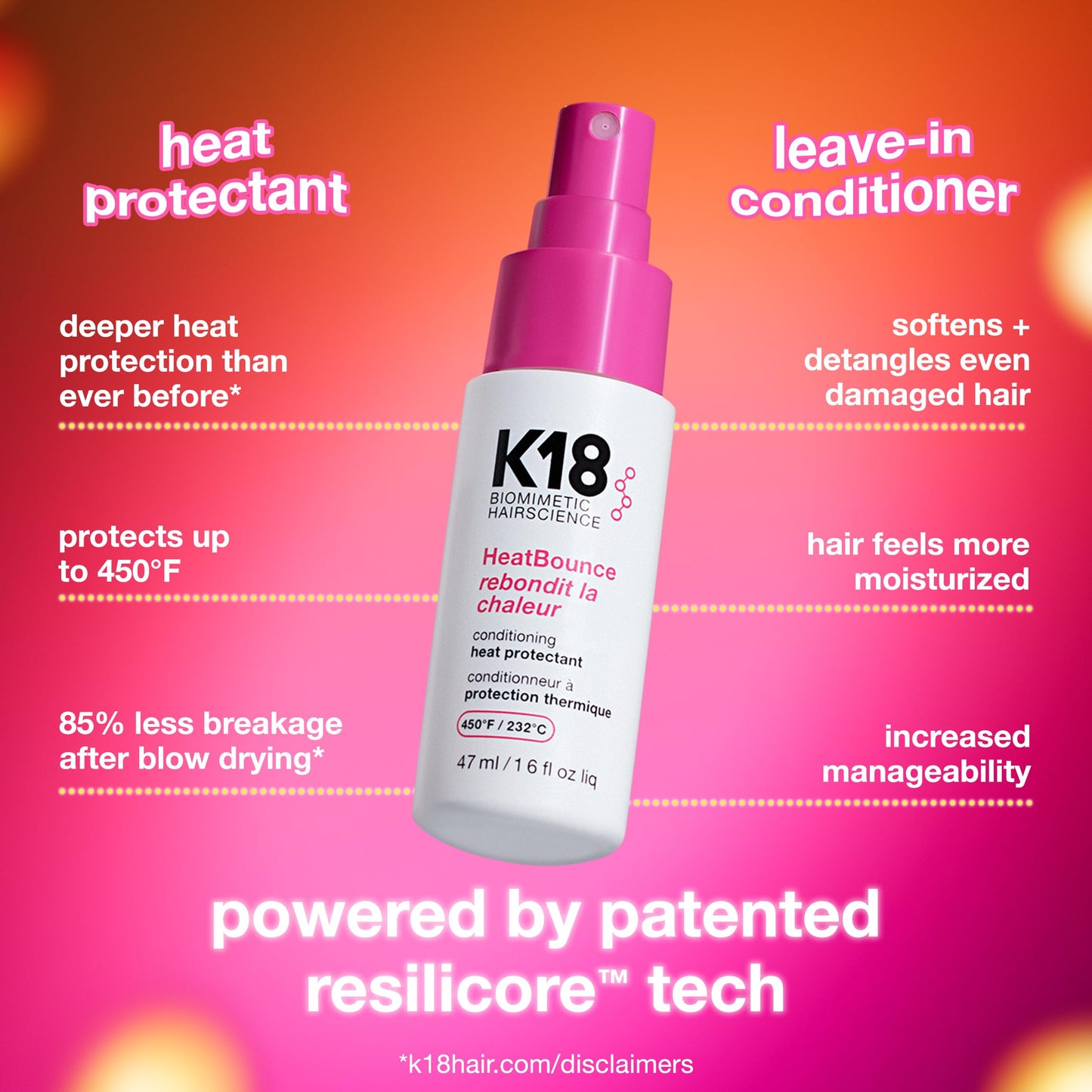 K18 HeatBounce Conditioning Heat Protection Spray for Hair + Leave In Conditioner - Detangles, Softens + Helps Reduce Breakage - Protects Up to 450°F Beauty and Personal Care K18
