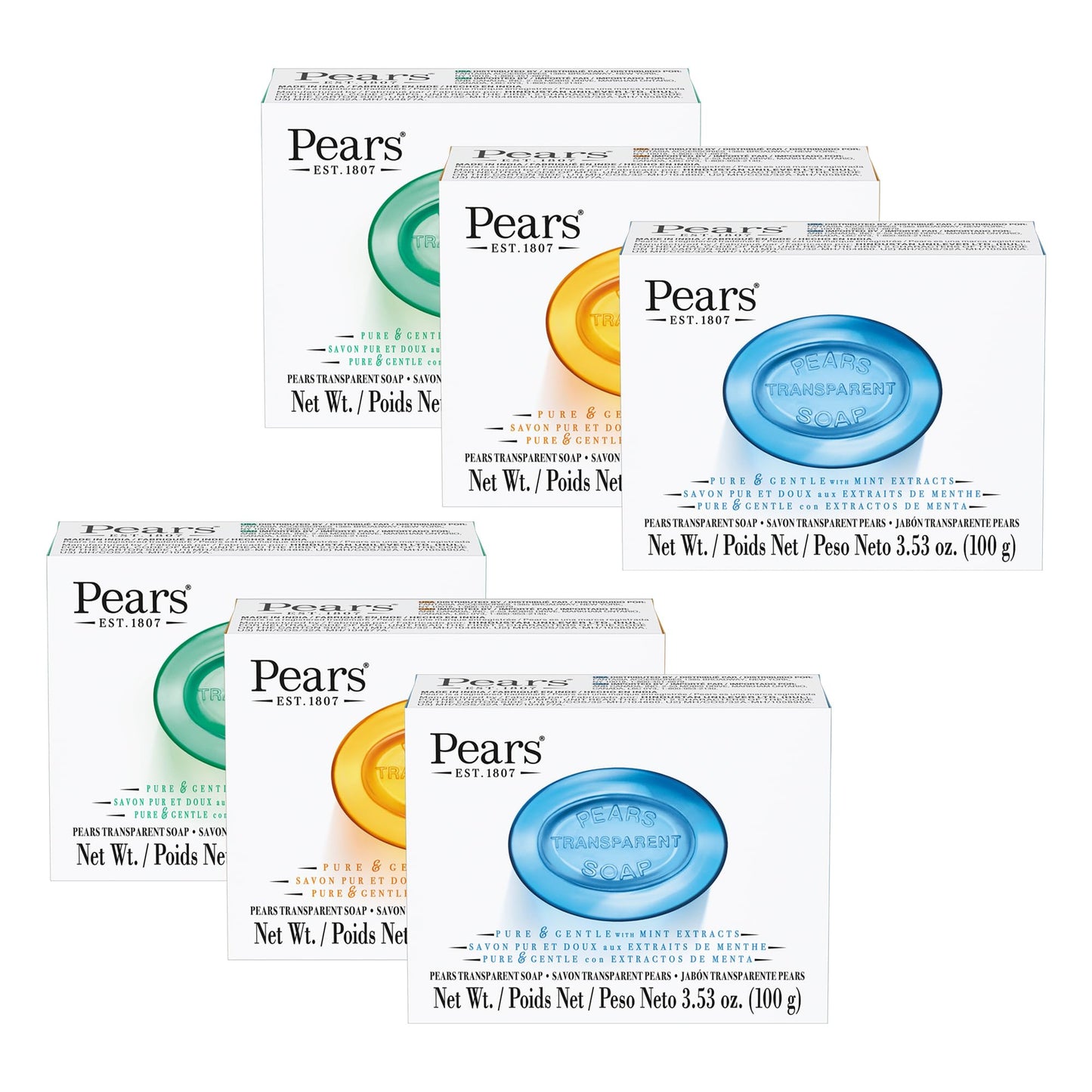 Pears Variety 6 Pack - Pure and Gentle Bar Soap with Glycerin - Includes Lemon Flower, Mint Extracts, and Amber - Soap Bar for Women and Men - 6 pc Beauty & Personal Care Pears