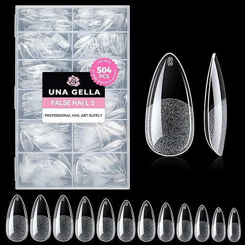 UNA GELLA Almond Gel Nail Tips, 504PCS Pre Etched Clear Fake Nails Tips Medium Almond Shape - 12 Sizes Full Cover Soft Acrylic Press On Nail Beauty & Personal Care UNA GELLA