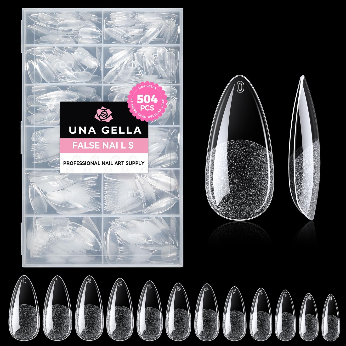 UNA GELLA Almond Gel Nail Tips, 504PCS Pre Etched Clear Fake Nails Tips Medium Almond Shape - 12 Sizes Full Cover Soft Acrylic Press On Nail Beauty & Personal Care UNA GELLA