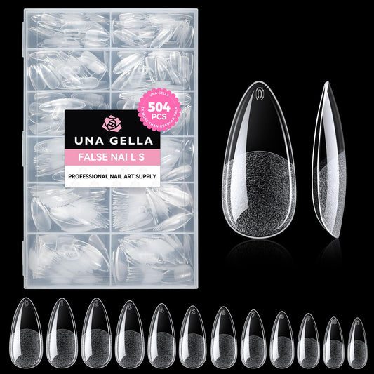 UNA GELLA Almond Gel Nail Tips, 504PCS Pre Etched Clear Fake Nails Tips Medium Almond Shape - 12 Sizes Full Cover Soft Acrylic Press On Nail Beauty & Personal Care UNA GELLA