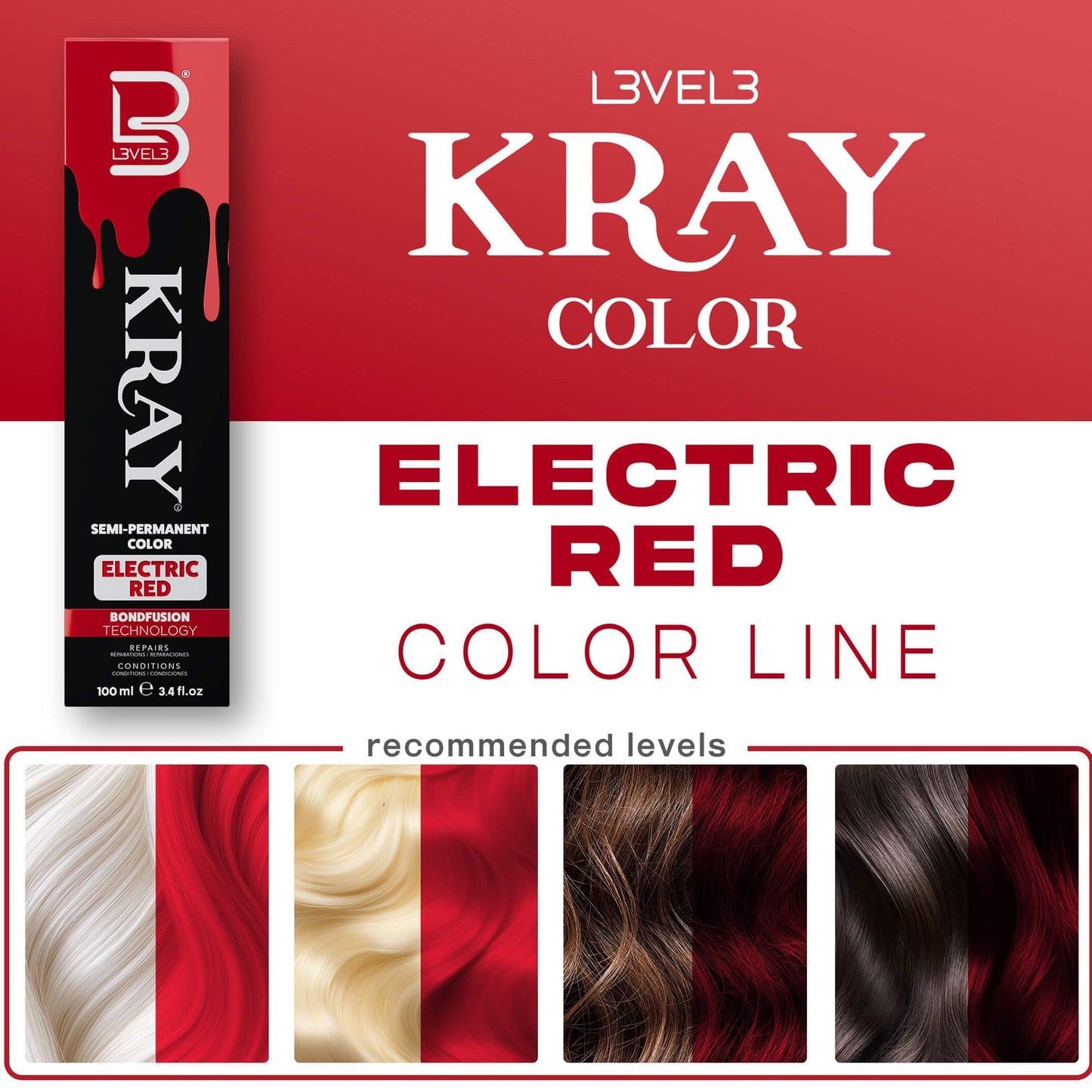 L3 - Level 3 Electric Semi Permanent Hair Color - Vibrant Long Lasting Shine - Argan Oil Protection - 100 ml - Electric Red Beauty & Personal Care L3