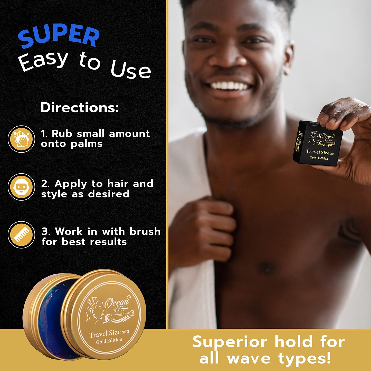 OCEAN VIEW DEEP WAVES POMADE, Gold Edition 360 Wave Grease for Men Moisturizes, Controls and Styles Black Hair - Water Based Wave Builder Pomade Beauty & Personal Care OCEAN VIEW DEEP WAVES POMADE