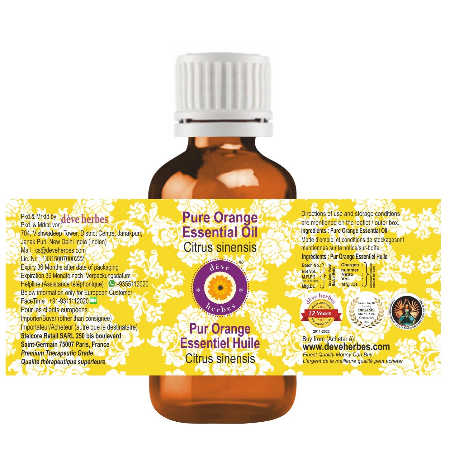 dève herbes Orange Essential Oil (Citrus sinensis) Pure - Non-Sticky - Non-Greasy - Lightweight - Men & Women - All Skin Types - Steam Distilled 15ml Beauty and Personal Care dève herbes