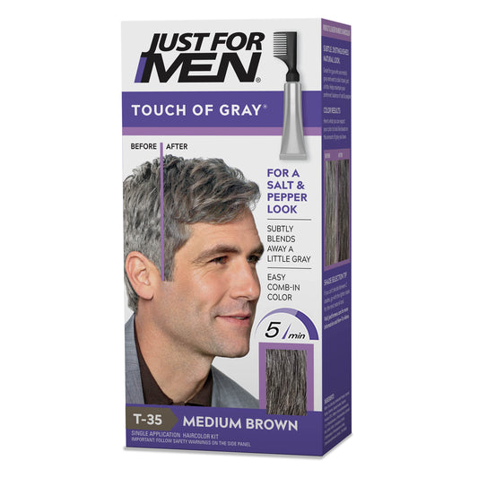Just For Men Touch of Gray, Mens Hair Color Kit with Comb Applicator for Easy Application, Great for a Salt and Pepper Look - Medium Brown, T-35, Pack Beauty & Personal Care Just for Men