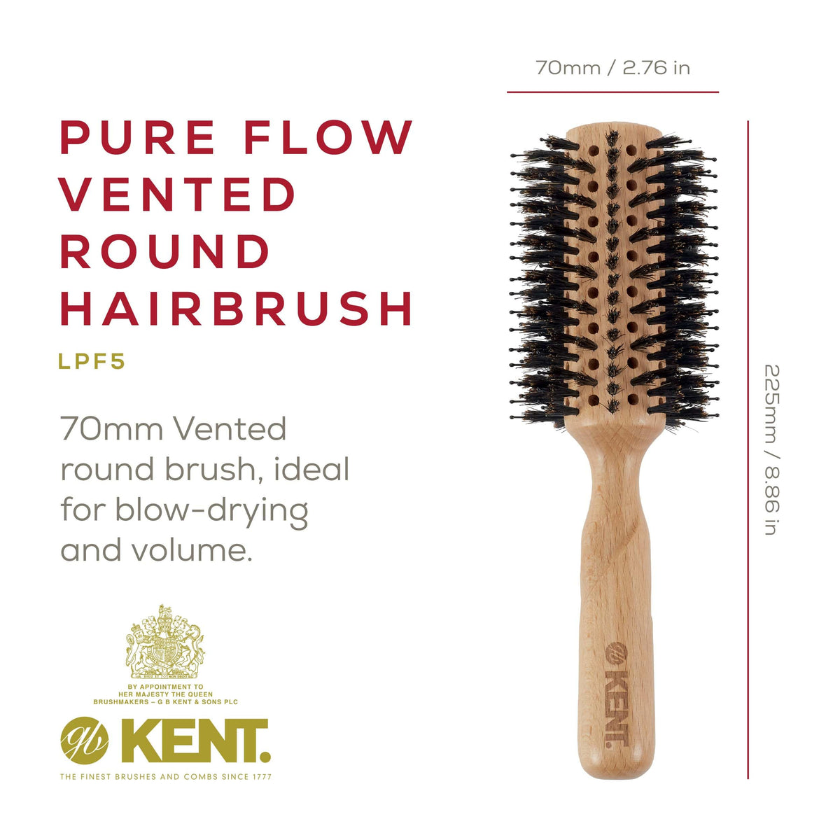 Kent LPF5 Pure Flow Large Vented Round Brush for Blow Drying - FSC Certified Beech Wood Brush Filled with Natural Boar Bristle and Nylon Bristle Hair