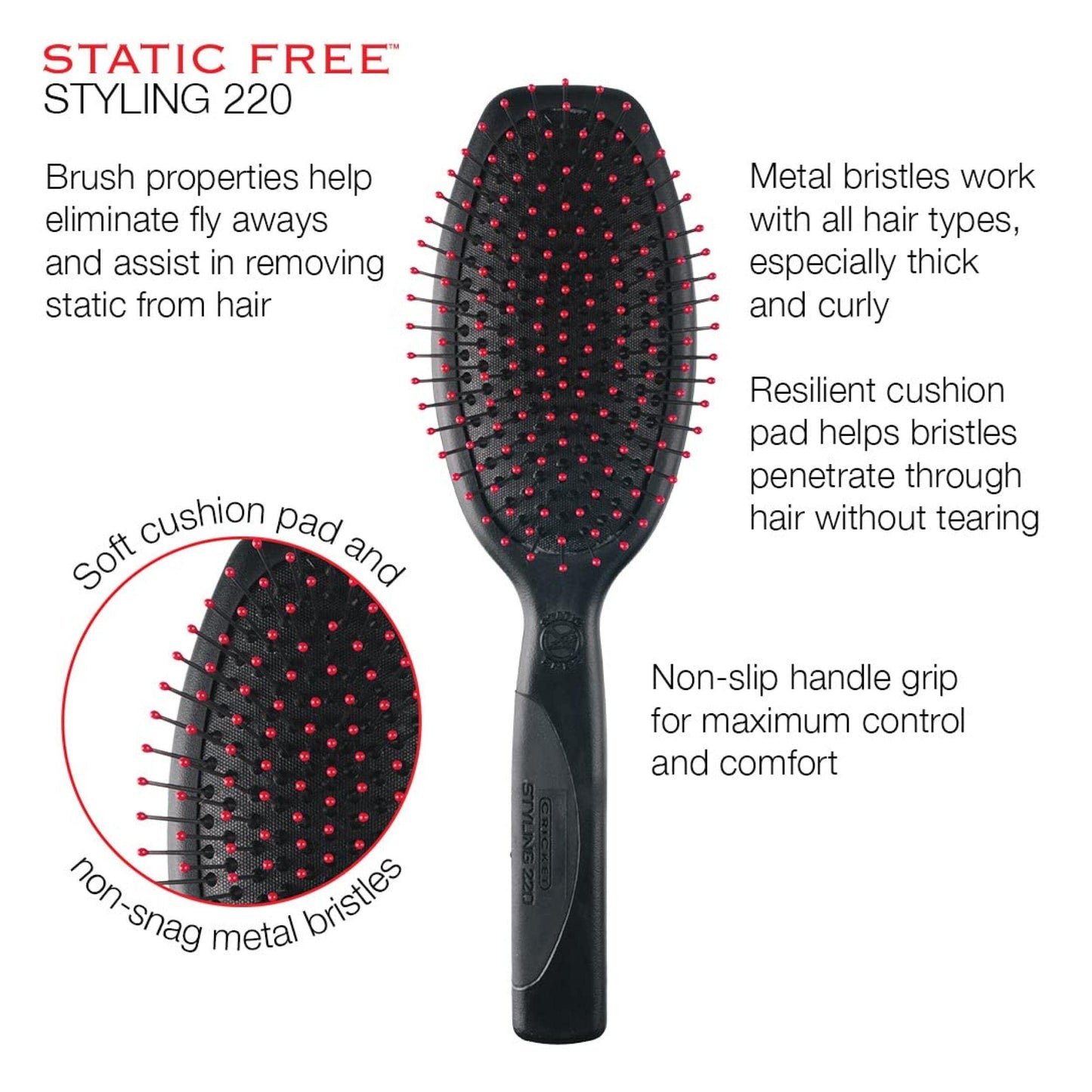Cricket Static Free Cushion Styling 220 Hair Brush - Smoothing, Detangling, and Frizz-Free Styling - Anti-Static Metal Bristles for Thick, Curly, Beauty & Personal Care Cricket