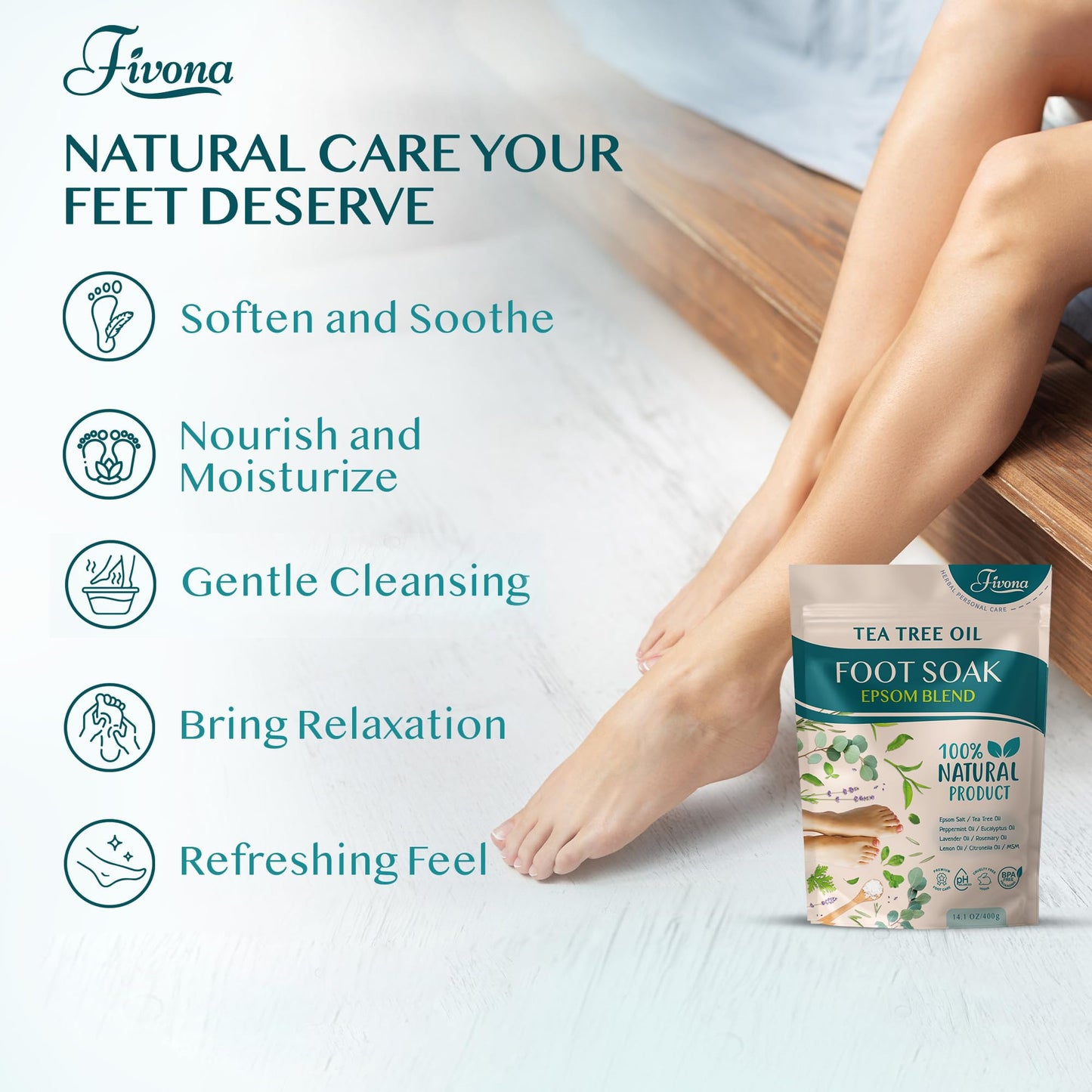 Fivona Tea Tree Foot Soak Blend 14.1 oz - Epsom Salt with Essential Oils for Healthy Toenails, Soothing Relief, Callus Softening - Pedicure Therapy Beauty and Personal Care FIVONA
