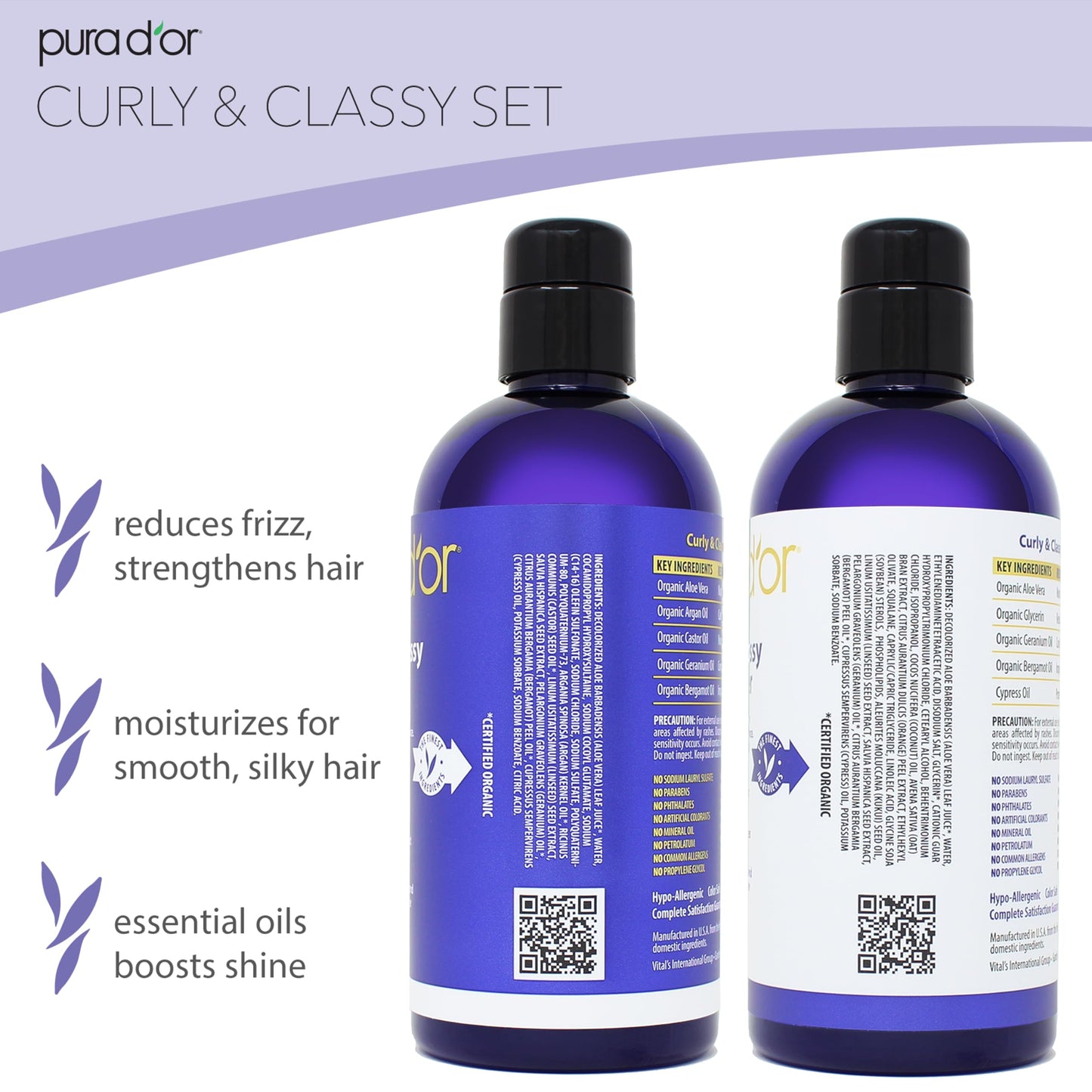 PURA D'OR Curly & Classy Shampoo & Conditioner Set for Defined Curls - Nourishing Formula with Argan, Castor, Geranium, Coconut & Kukui Seed Oils Beauty & Personal Care PURA D'OR