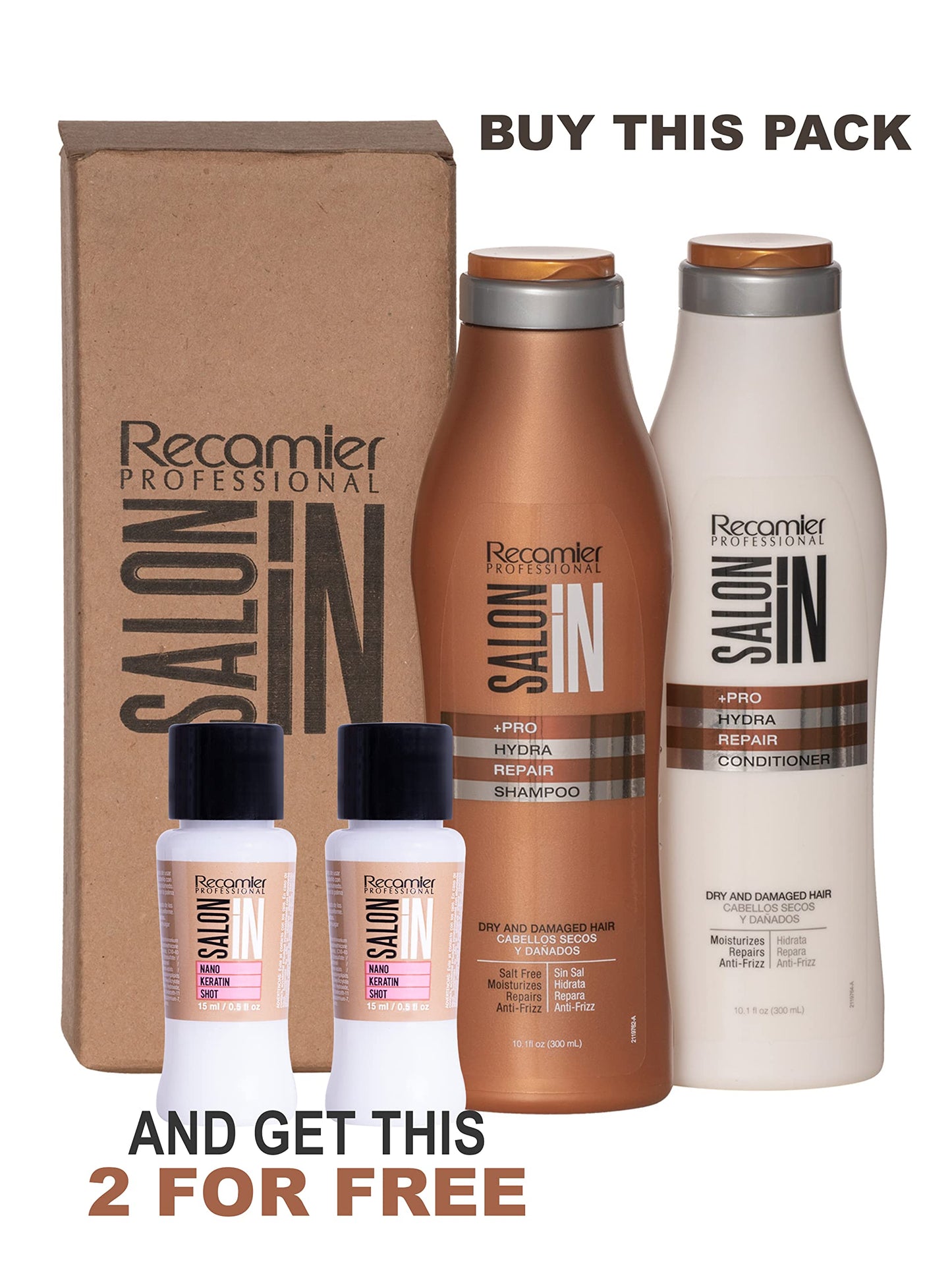 RECAMIER Salt Free Shampoo Repair and Ultra Hydrate Conditioner Hair Treatment Set 10.1oz +2 Nano Keratin Shots Beauty & Personal Care RECAMIER PROFESSIONAL SALON IN