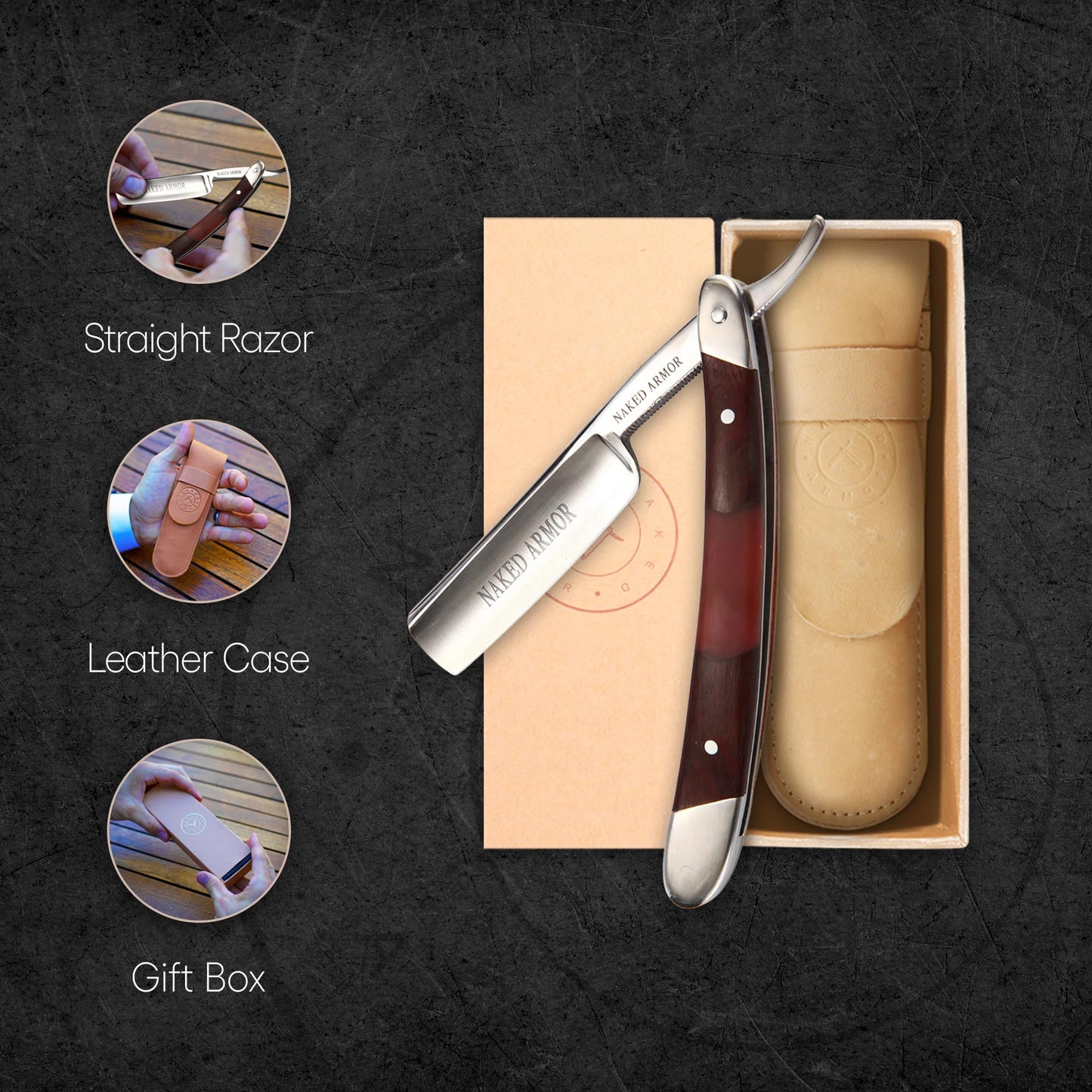 Naked Armor Gaheris Straight Razor - Shave Ready 7/8" Round Nose Japanese Steel Straight Razors for Men with Mahogany Scale, Case Included, Close Beauty and Personal Care Naked Armor