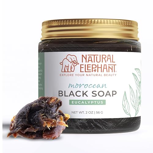 Natural Elephant Moroccan Black Soap | Travel Size 2oz | Eucalyptus Essential Oil | Traditional Hammam Beldi Soap, 100% Natural Ingredients, Ideal Beauty & Personal Care Natural Elephant