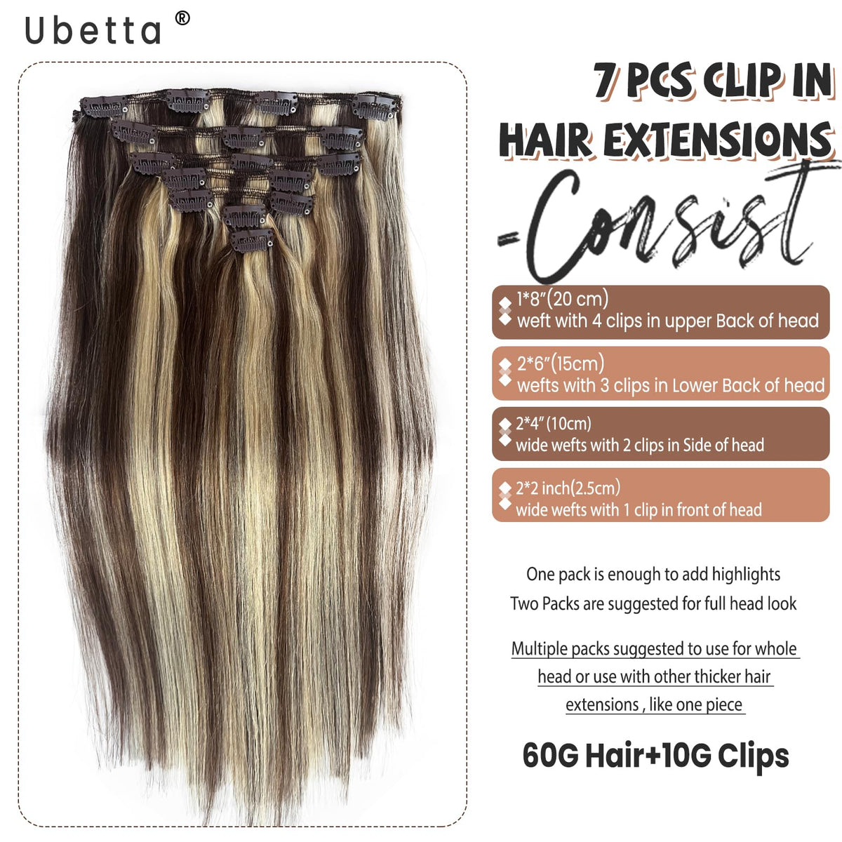 Clip in Hair Extensions Real Human Hair, Chocolate Brown and Blonde Highlights Real Hair Extensions Clip in Human Hair 22 Inch 7 Pieces Double Weft