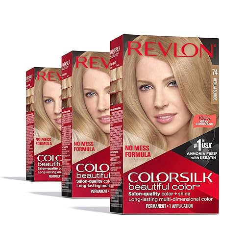 Revlon ColorSilk Permanent Hair Color, 100% Gray Coverage Dye Kit, Ammonia-Free, Keratin and Amino Acids, Blonde Shades, 74 Medium Blonde (Pack of 3) Beauty & Personal Care REVLON