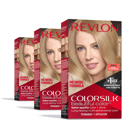 Revlon ColorSilk Permanent Hair Color, 100% Gray Coverage Dye Kit, Ammonia-Free, Keratin and Amino Acids, Blonde Shades, 74 Medium Blonde (Pack of 3) Beauty & Personal Care REVLON