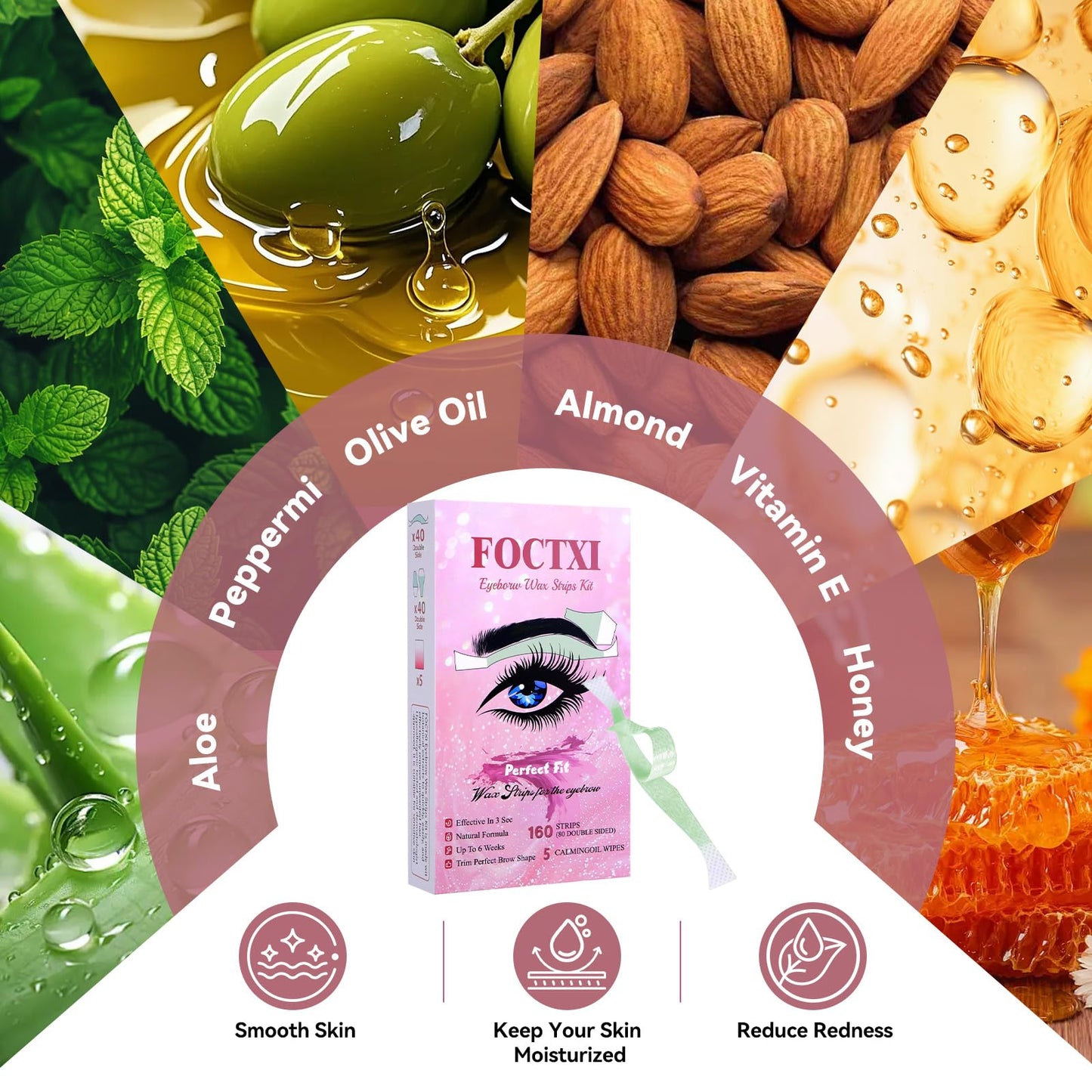 FOCTXI Facial Wax Strips Kit for Women - 80 Strips Hypoallergenic Eyebrow Wax Strips for Hair Removal Home Use + 5 Calming Oil Wipes, Suitable for All Beauty and Personal Care FOCTXI