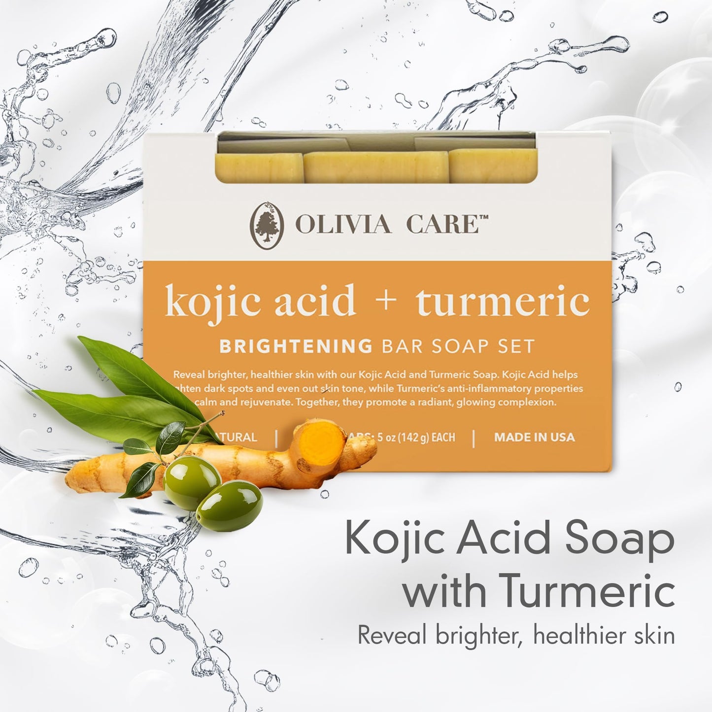 Olivia Care Kojic Acid & Turmeric Bar Soap, Brightening Facial & Body Cleanser, Helps Improve the Appearance of Uneven Skin Tone, Natural-Inspired Beauty & Personal Care Olivia Care