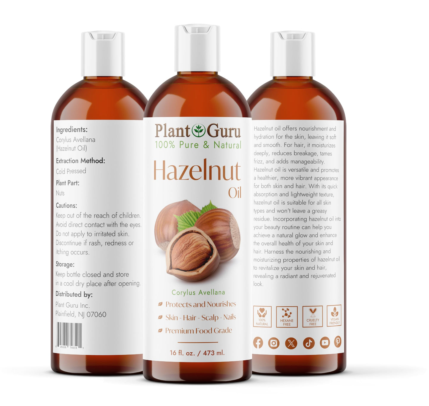 Plant Guru Hazelnut Oil 16 fl. oz. Cold Pressed 100% Pure Natural Carrier - Skin, Face, Body And Hair Growth Moisturizer. Great For DYI Cream, Lotions Beauty & Personal Care Plant Guru
