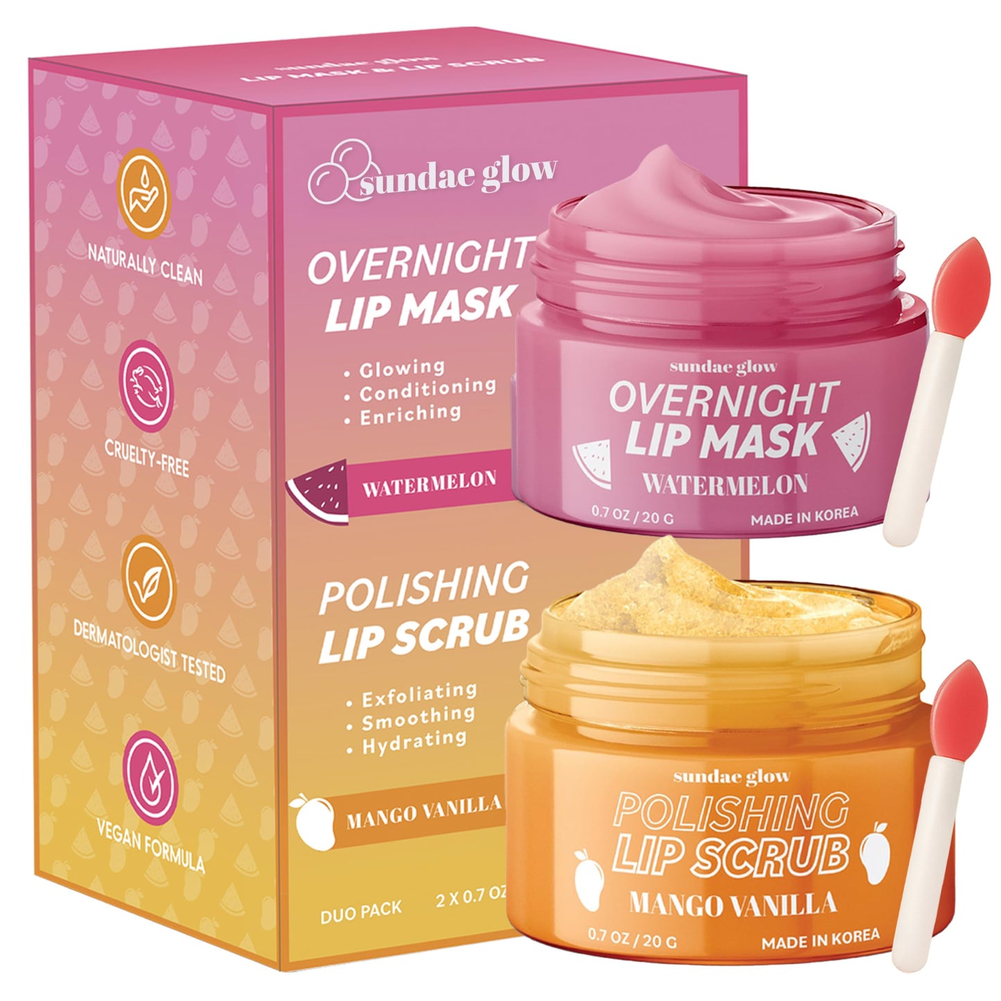 Sundae Glow Lip Mask & Scrub - Watermelon, Mango & Vanilla - Hydrates, Exfoliates, Softens & Repairs Dry, Cracked Lips - Dermatologist Tested, Korean Beauty and Personal Care Sundae Glow