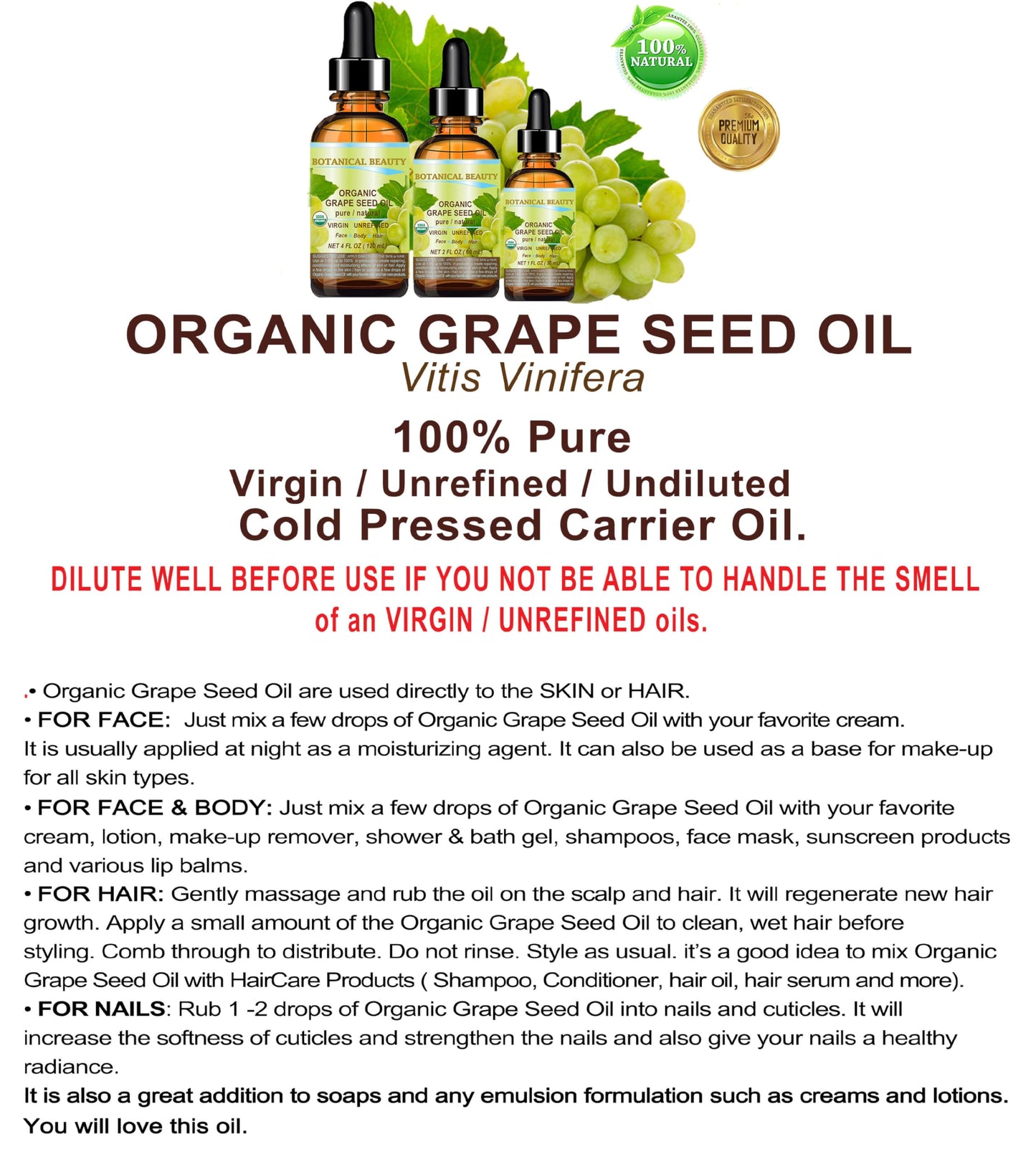 Botanical Beauty Organic GRAPE SEED OIL 100% Pure Natural VIRGIN UNREFINED Cold-Pressed Carrier Oil for Face, Skin, Body, Hair, Lip, Nails, Massage Beauty & Personal Care Botanical Beauty