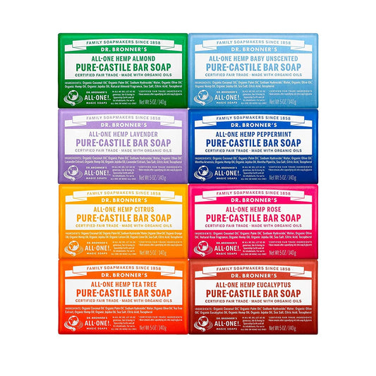 Dr. Bronner's Pure-Castile Magic Bar Soap (5 oz Variety Pack) Almond, Unscented, Lavender, Peppermint, Citrus, Rose, Tea Tree, & Eucalyptus - Made Beauty & Personal Care Dr. Bronner's