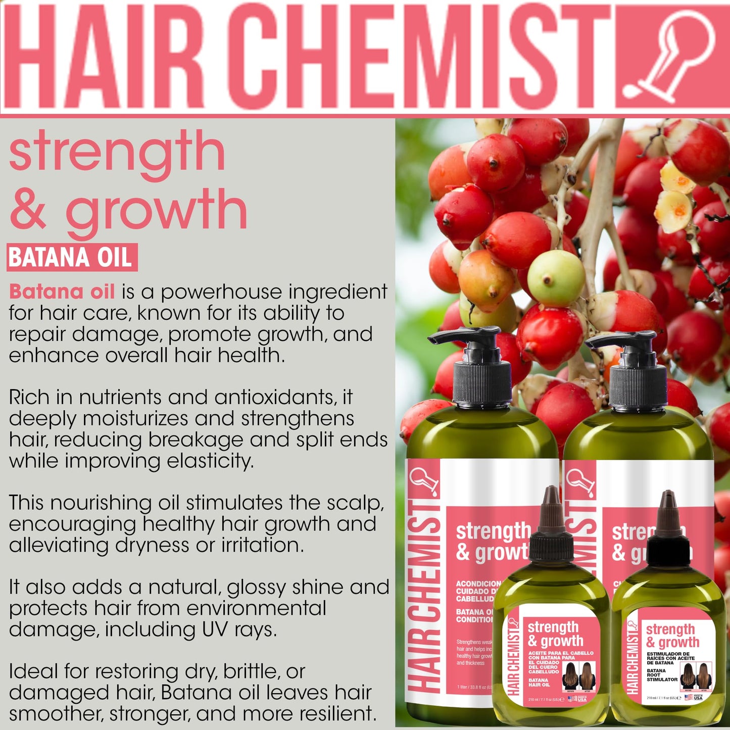 Hair Chemist Strength & Growth Batana Oil Shampoo and Conditioner Set 33.8 oz. (2-PC Set) - Batana Shampoo and Conditioner for Hair Growth, Thickening Beauty & Personal Care Hair Chemist