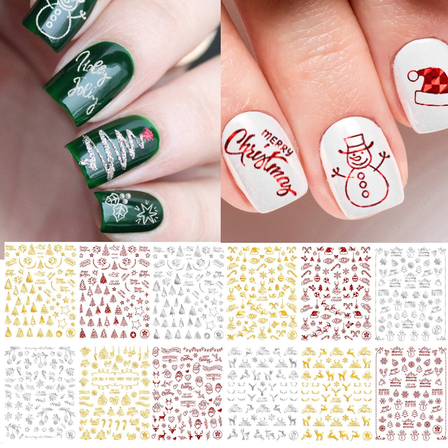 Adurself 12 Sheets Christmas Nail Art Decals Xmas 3D Nail Self-Adhesive Stickers Santa Claus Reindeer Snowflakes Snowmen for Women Girls Kids Beauty & Personal Care Adurself