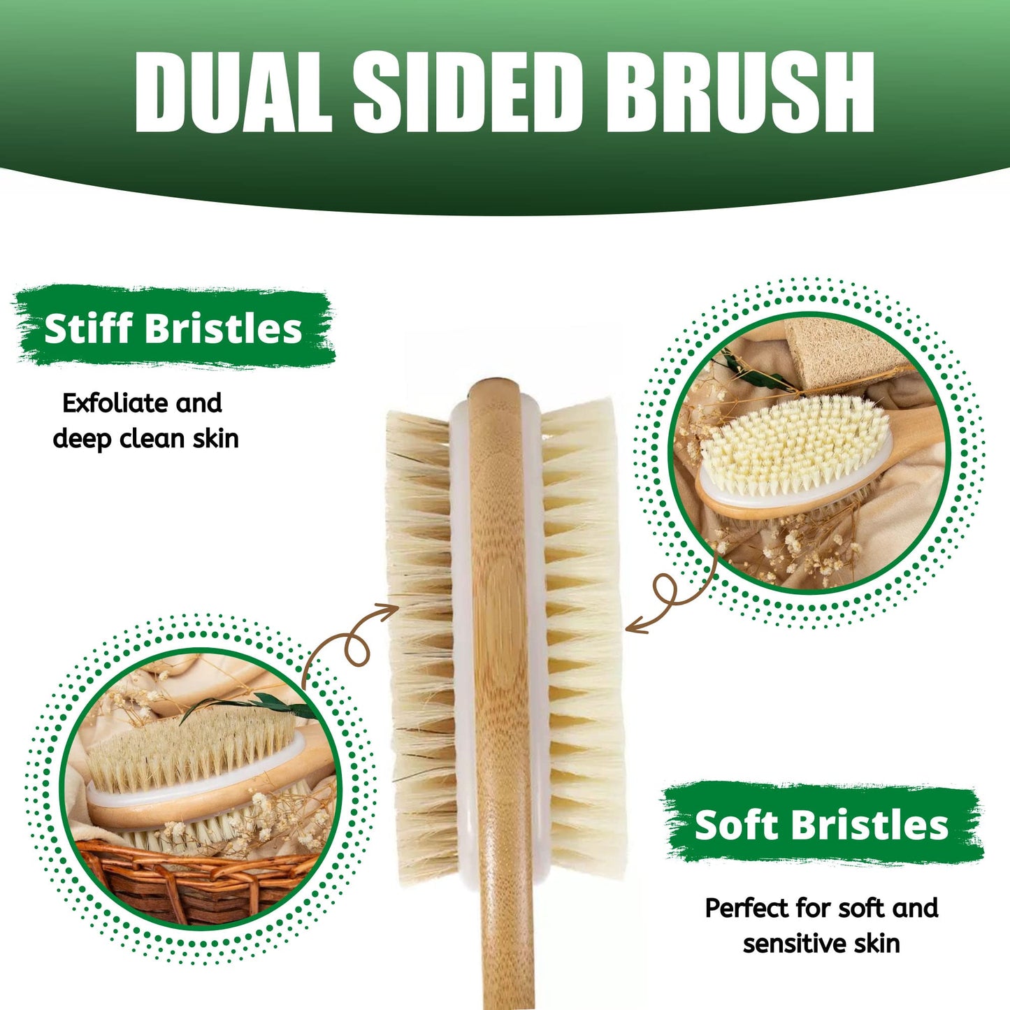 Hanstock Back Scrubber, 43cm Long Wooden Double-Sided Shower Body Brush with Soft and Stiff Bristles for Exfoliating Skin Beauty and Personal Care HANSTOCK