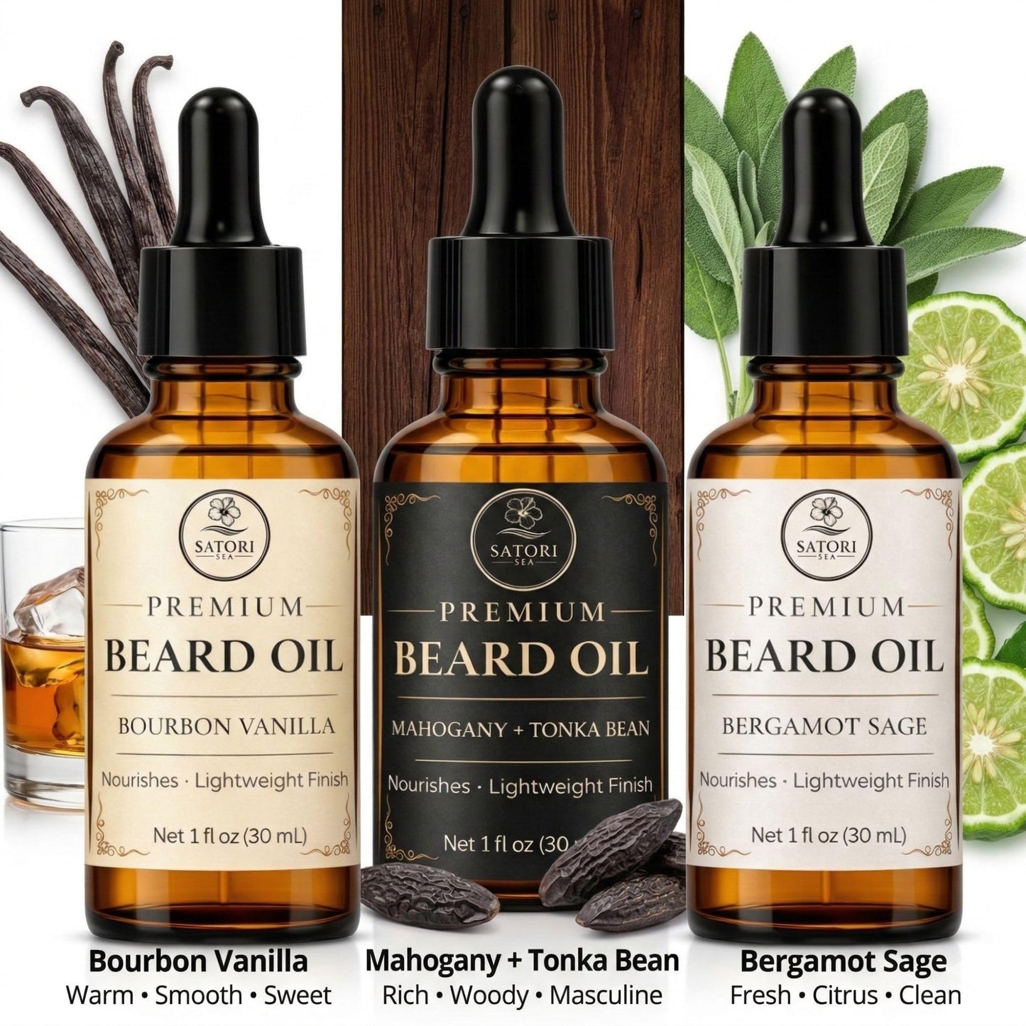 Satori Sea Beard Oil Variety Pack for Men - 3 Pack (Bourbon Vanilla, Mahogany Tonka Bean, Bergamot Sage) - Premium Beard Oil for Men - Moisturizing Beauty and Personal Care Satori Sea