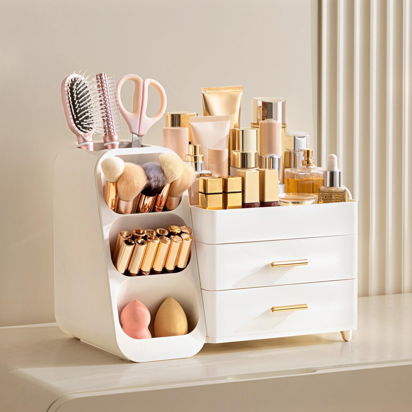 HBlife Makeup Organizer with Brush Holder for Vanity, Large Plastic Bathroom Countertop Organizer Skin Care Storage, Easy to Store Lipsticks, Nail Beauty and Personal Care HBlife